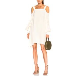 Tibi Cold Shoulder 100% Silk Midi Shift Dress Cream Size XS Flowy Feminine NWT